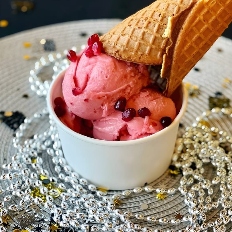 Pink ice cream with pomegranate seeds in a white cup, with a waffle cone and silver beads.